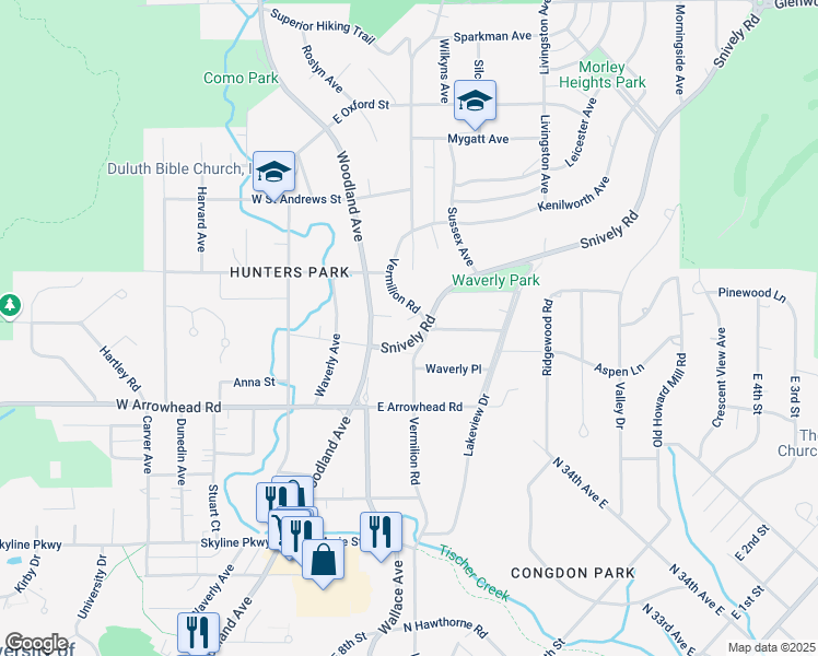 map of restaurants, bars, coffee shops, grocery stores, and more near 2100 Vermilion Road in Duluth