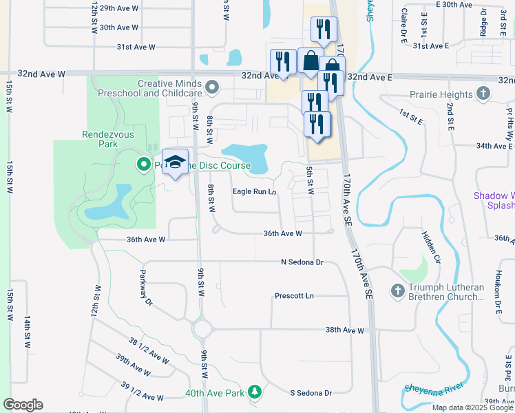 map of restaurants, bars, coffee shops, grocery stores, and more near 3462-3464 Eagle Run Lane in West Fargo