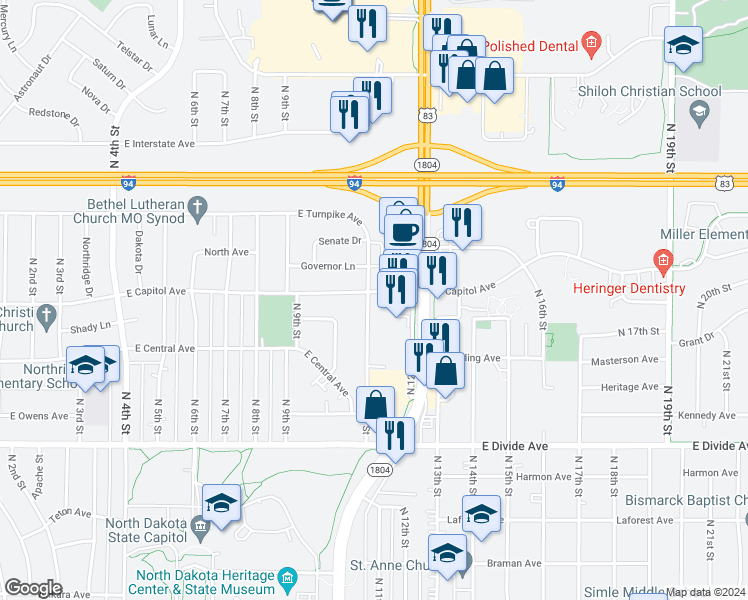 map of restaurants, bars, coffee shops, grocery stores, and more near 1941 North 11th Street in Bismarck