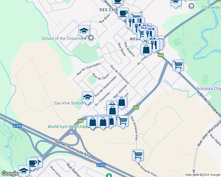 map of restaurants, bars, coffee shops, grocery stores, and more near 4500 Avenue Chauveau in Québec