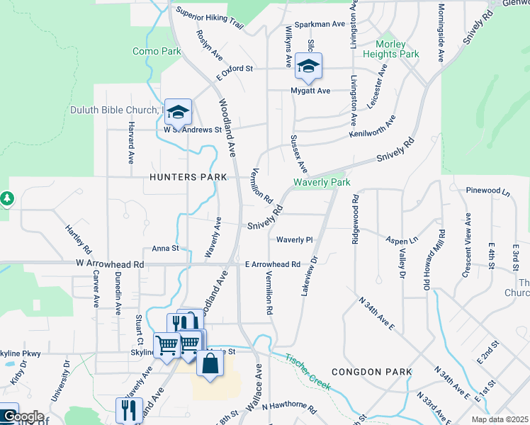 map of restaurants, bars, coffee shops, grocery stores, and more near 2100 Vermilion Road in Duluth