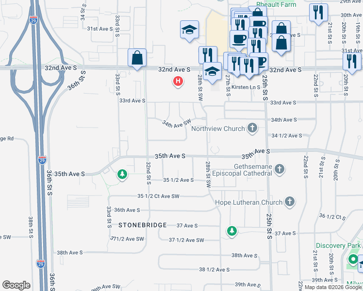 map of restaurants, bars, coffee shops, grocery stores, and more near 3005 Dakota Park Circle South in Fargo