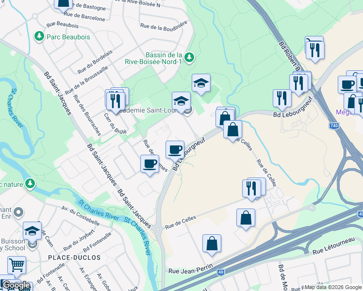 map of restaurants, bars, coffee shops, grocery stores, and more near 2540 Boulevard Lebourgneuf in Québec