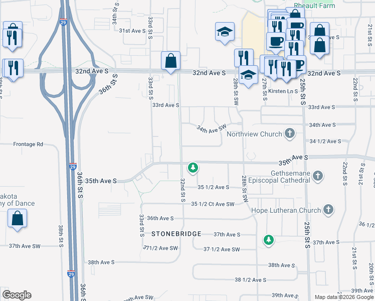map of restaurants, bars, coffee shops, grocery stores, and more near 3115 Dakota Park Circle South in Fargo