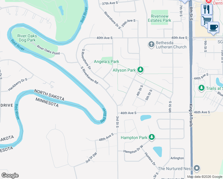 map of restaurants, bars, coffee shops, grocery stores, and more near 4315 South Rivershore Drive in Moorhead