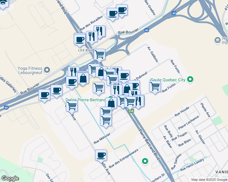 map of restaurants, bars, coffee shops, grocery stores, and more near Québec 358 in Capitale-Nationale