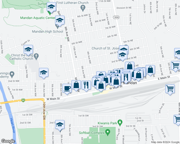 map of restaurants, bars, coffee shops, grocery stores, and more near 303 4th Avenue Northwest in Mandan