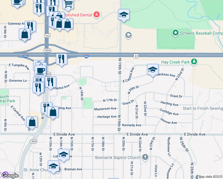 map of restaurants, bars, coffee shops, grocery stores, and more near 1807 East Capitol Avenue in Bismarck