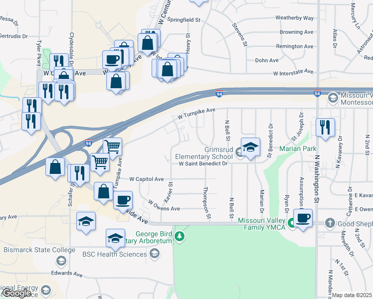 map of restaurants, bars, coffee shops, grocery stores, and more near 2120 Xavier Street in Bismarck