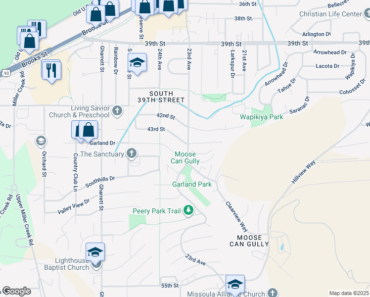 map of restaurants, bars, coffee shops, grocery stores, and more near 2300 43rd Street in Missoula