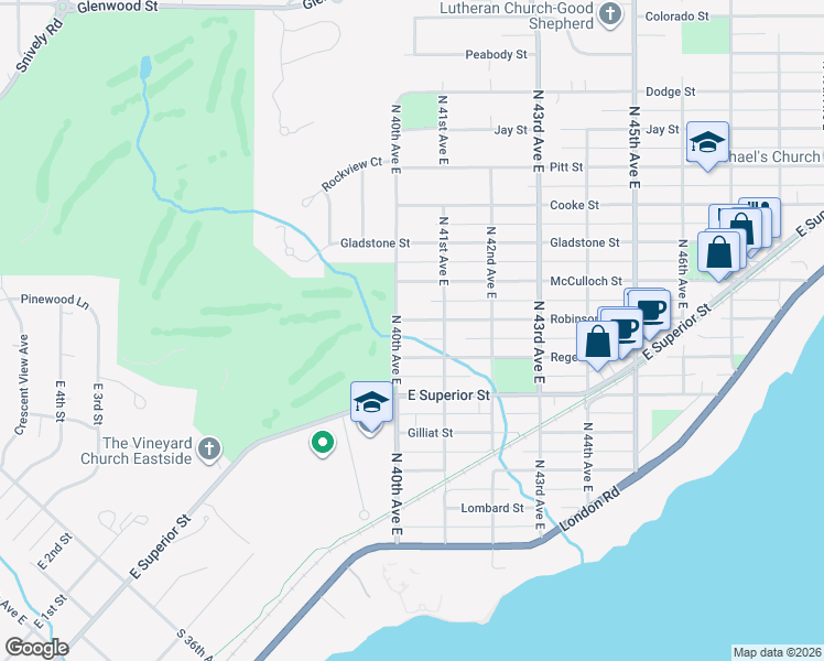 map of restaurants, bars, coffee shops, grocery stores, and more near 4015 Robinson Street in Duluth