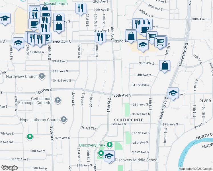 map of restaurants, bars, coffee shops, grocery stores, and more near 3401-3429 19th Street South in Fargo
