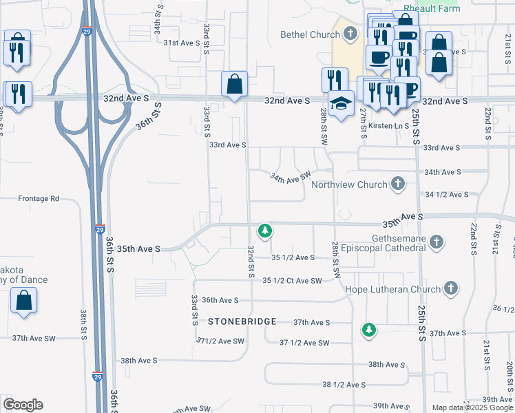 map of restaurants, bars, coffee shops, grocery stores, and more near 3115 Dakota Park Circle South in Fargo