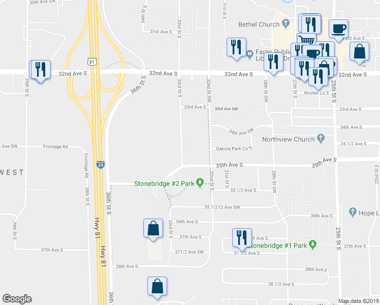 map of restaurants, bars, coffee shops, grocery stores, and more near 3424 33rd Street South in Fargo