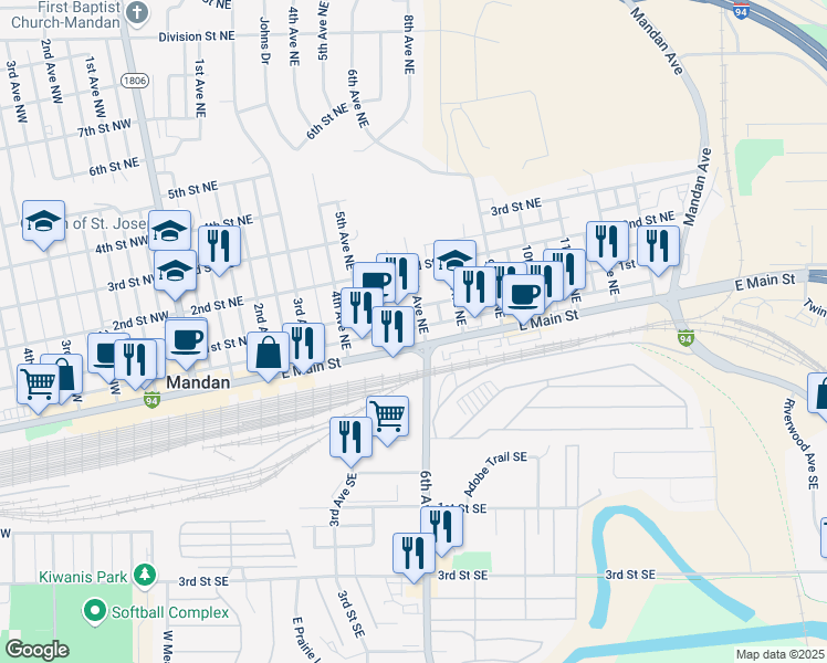 map of restaurants, bars, coffee shops, grocery stores, and more near 153-201 6th Ave NE in Mandan