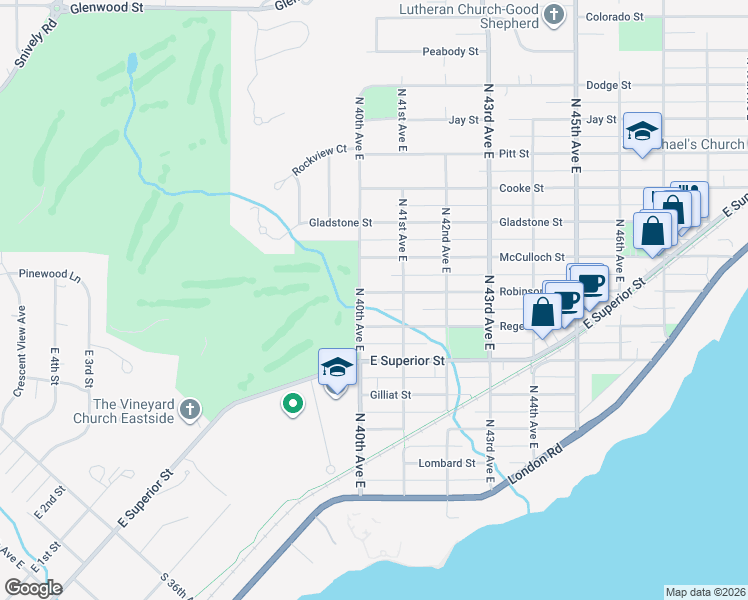 map of restaurants, bars, coffee shops, grocery stores, and more near 4015 Robinson Street in Duluth