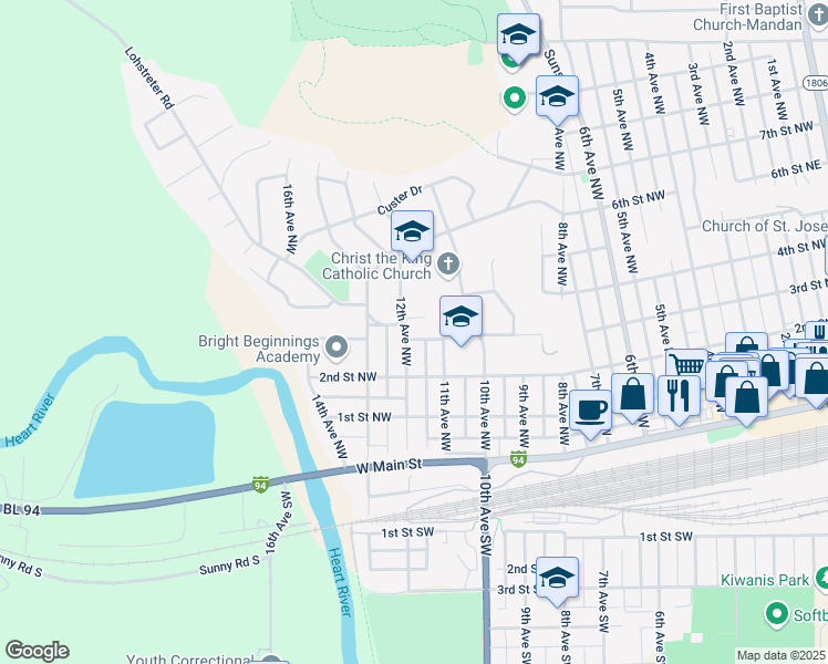 map of restaurants, bars, coffee shops, grocery stores, and more near 312 12th Avenue Northwest in Mandan