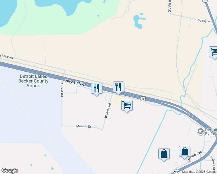 map of restaurants, bars, coffee shops, grocery stores, and more near in Detroit Lakes