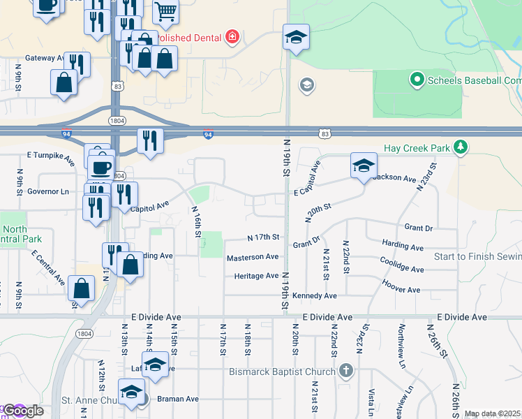 map of restaurants, bars, coffee shops, grocery stores, and more near 1807 East Capitol Avenue in Bismarck