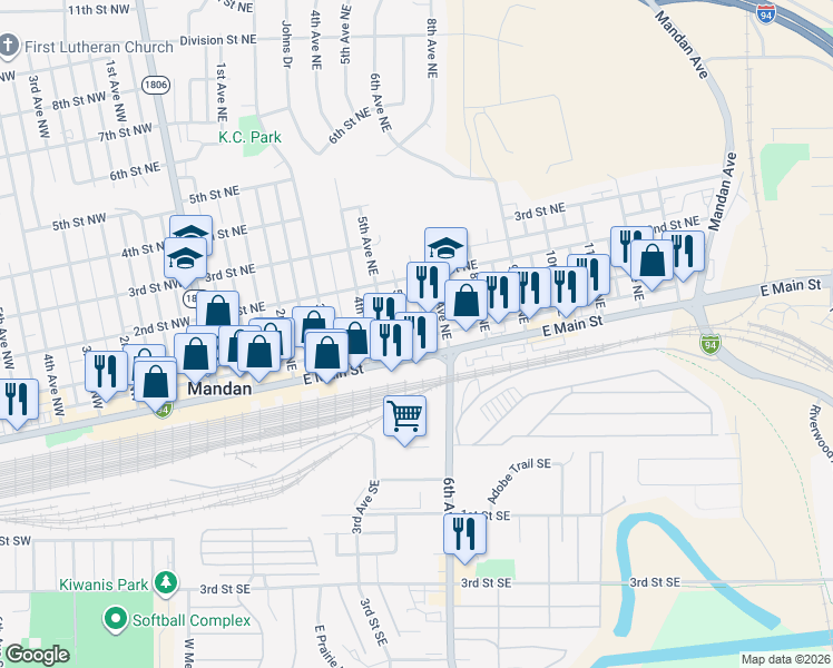 map of restaurants, bars, coffee shops, grocery stores, and more near 111 5th Avenue Northeast in Mandan