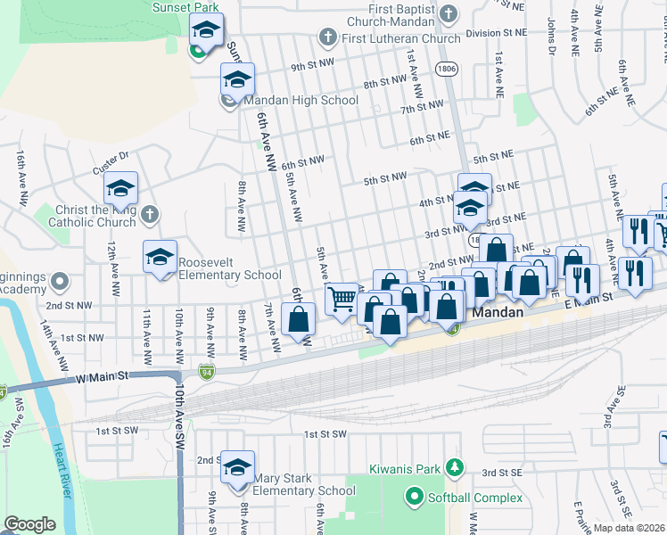 map of restaurants, bars, coffee shops, grocery stores, and more near 511 3rd Street Northwest in Mandan