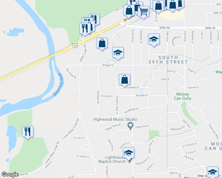 map of restaurants, bars, coffee shops, grocery stores, and more near 2709 Garland Drive in Missoula