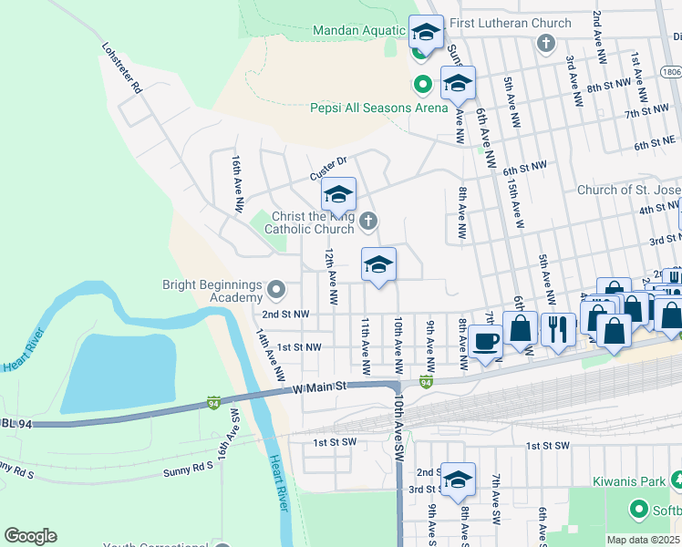 map of restaurants, bars, coffee shops, grocery stores, and more near 406 8th Avenue Southwest in Mandan