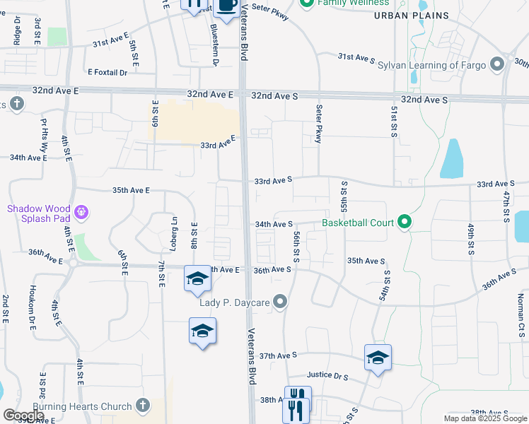 map of restaurants, bars, coffee shops, grocery stores, and more near 5660 33rd Avenue South in Fargo