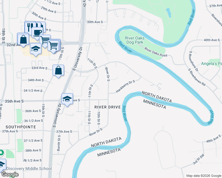 map of restaurants, bars, coffee shops, grocery stores, and more near 3408 River Drive South in Fargo
