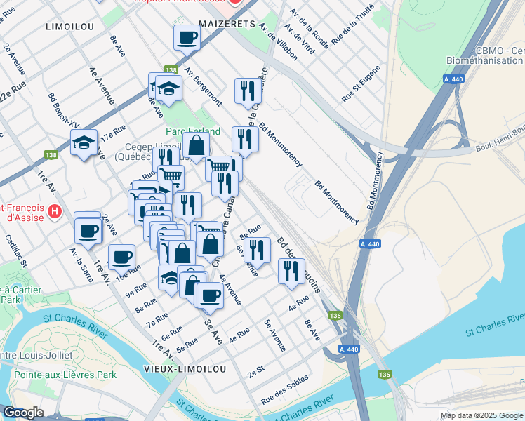 map of restaurants, bars, coffee shops, grocery stores, and more near 800 Boulevard des Capucins in Québec