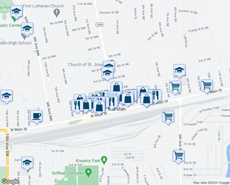 map of restaurants, bars, coffee shops, grocery stores, and more near 208 Collins Avenue in Mandan
