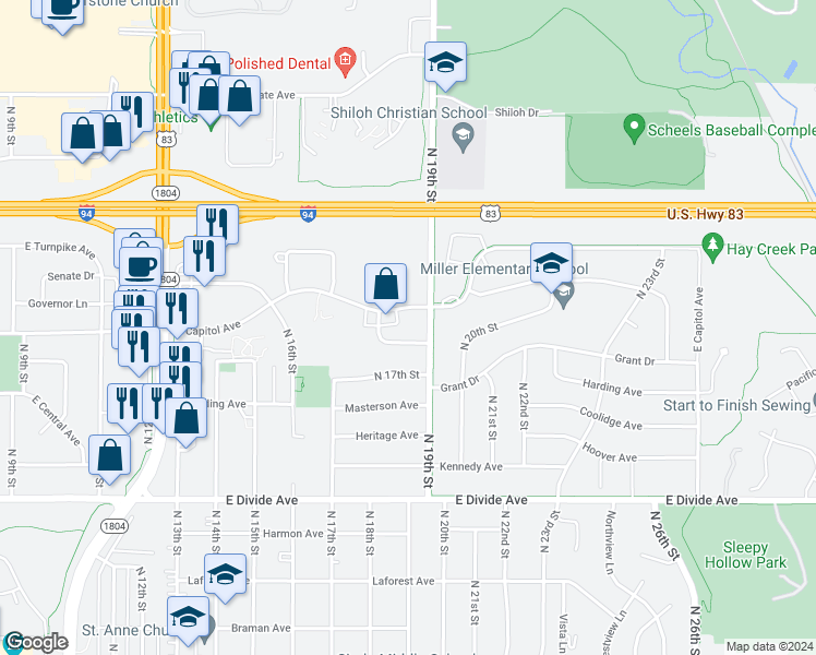 map of restaurants, bars, coffee shops, grocery stores, and more near 1836 Allison Drive in Bismarck