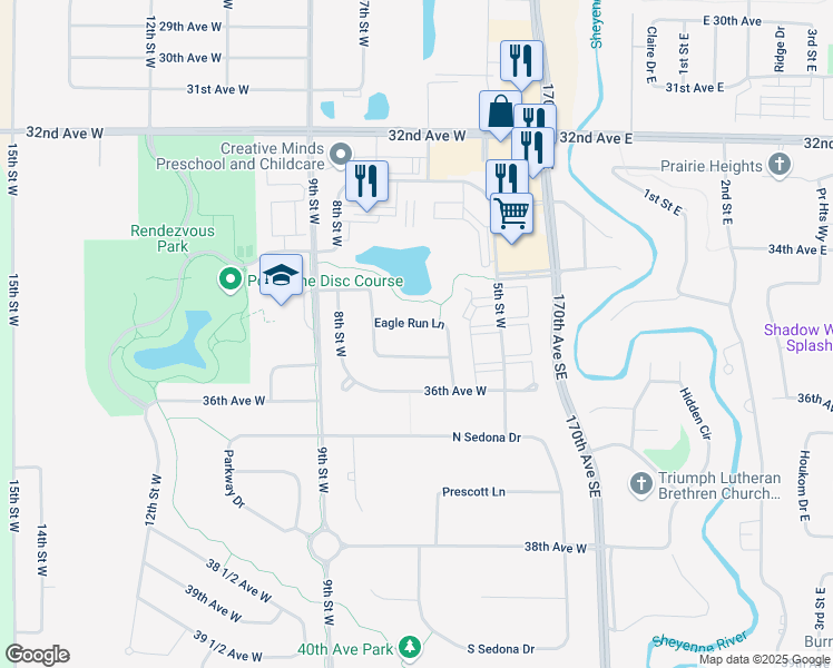 map of restaurants, bars, coffee shops, grocery stores, and more near 3462 Eagle Run Lane in West Fargo