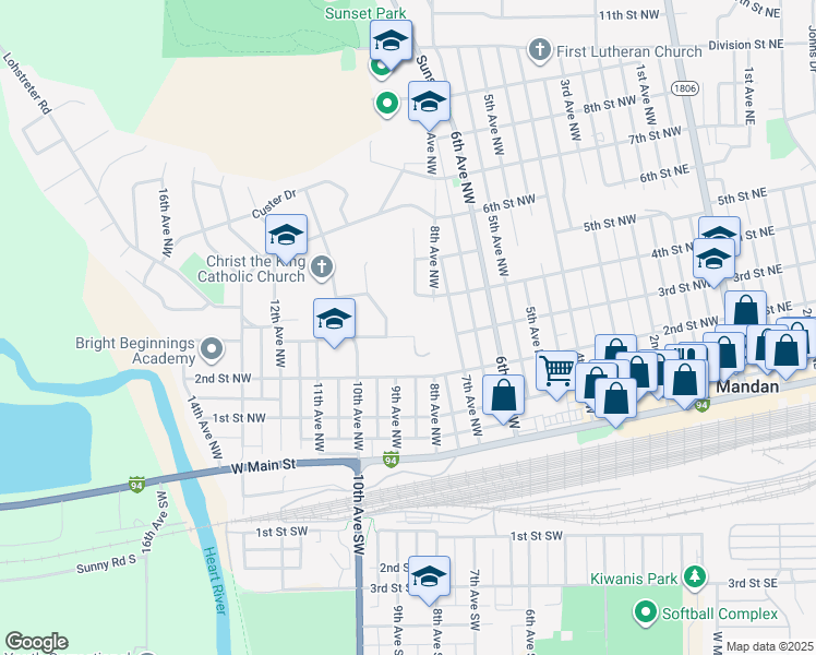 map of restaurants, bars, coffee shops, grocery stores, and more near 401-499 9th Ave NW in Mandan