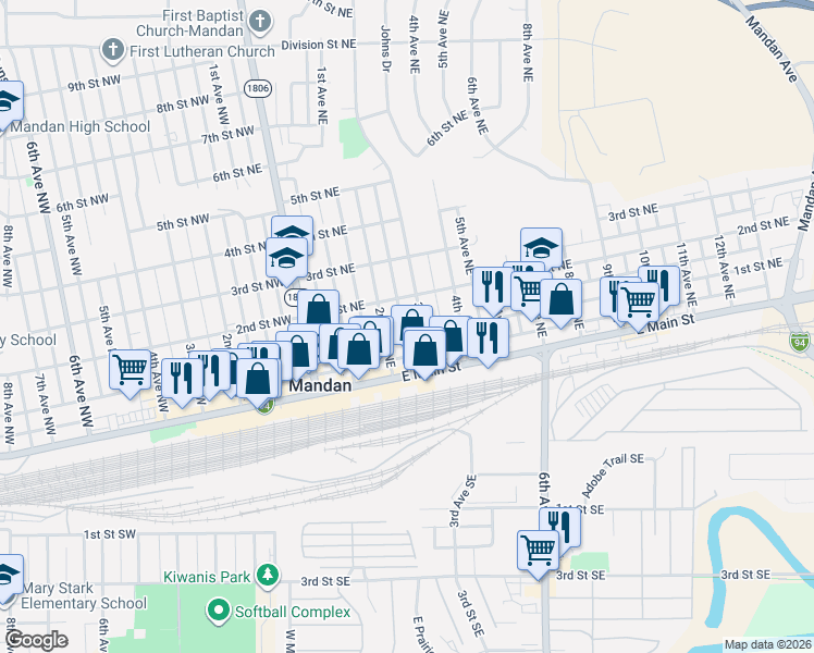 map of restaurants, bars, coffee shops, grocery stores, and more near 200 3rd Avenue Northeast in Mandan