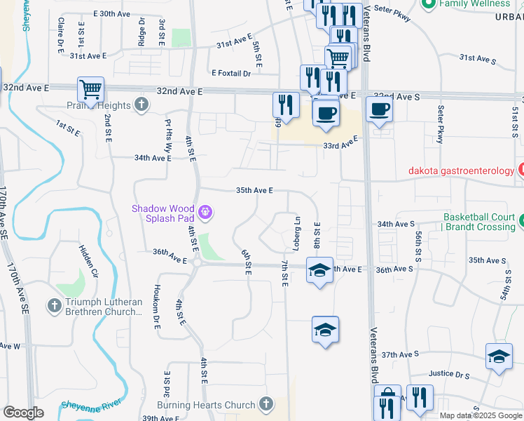 map of restaurants, bars, coffee shops, grocery stores, and more near 3509 6th Street East in West Fargo