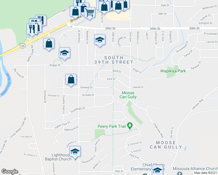 map of restaurants, bars, coffee shops, grocery stores, and more near 2400 Garland Drive in Missoula