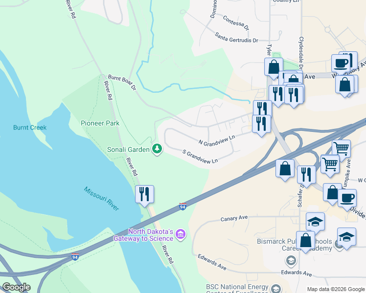 map of restaurants, bars, coffee shops, grocery stores, and more near 1950 South Grandview Lane in Bismarck