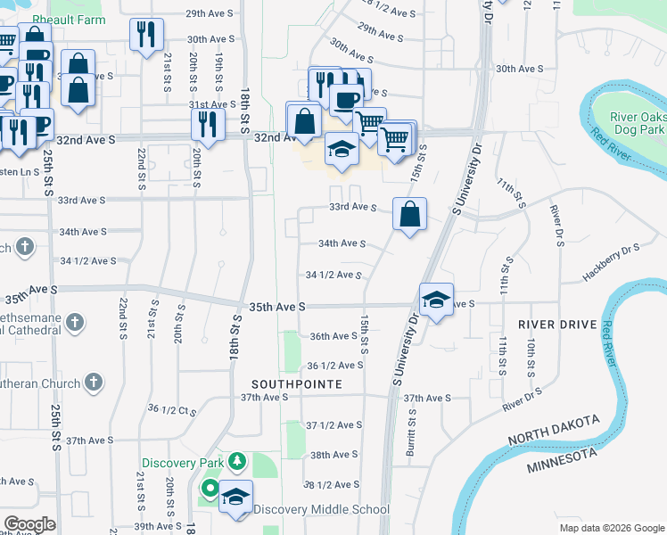 map of restaurants, bars, coffee shops, grocery stores, and more near 1527 34 1/2 Avenue South in Fargo