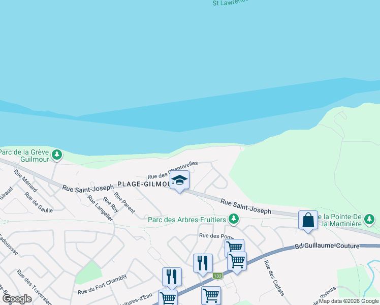 map of restaurants, bars, coffee shops, grocery stores, and more near 8836 Rue de la Grève-Gilmour in Lévis