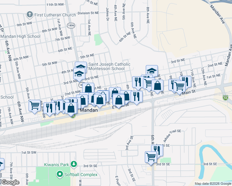 map of restaurants, bars, coffee shops, grocery stores, and more near 310 1st Street Northeast in Mandan