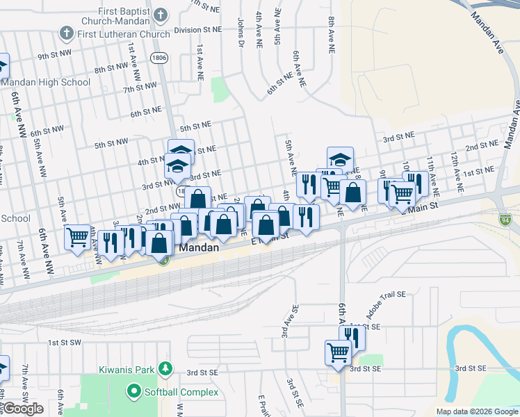 map of restaurants, bars, coffee shops, grocery stores, and more near 200 3rd Avenue Northeast in Mandan