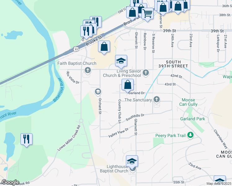 map of restaurants, bars, coffee shops, grocery stores, and more near 2634 Garland Drive in Missoula