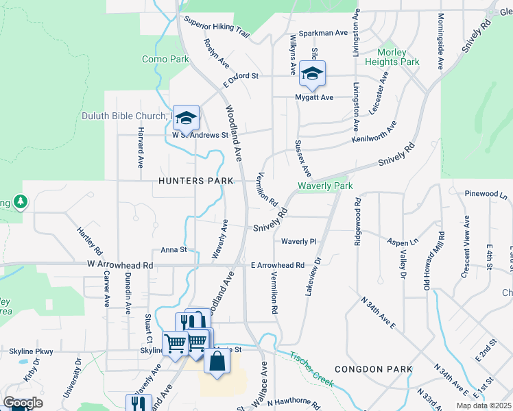 map of restaurants, bars, coffee shops, grocery stores, and more near 2030 Woodland Avenue in Duluth