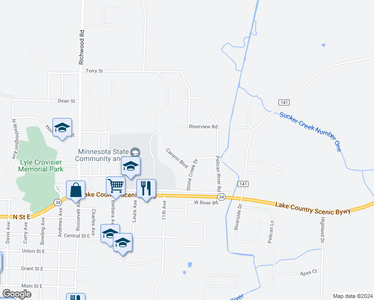 map of restaurants, bars, coffee shops, grocery stores, and more near 340 Boulder Circle in Detroit Lakes