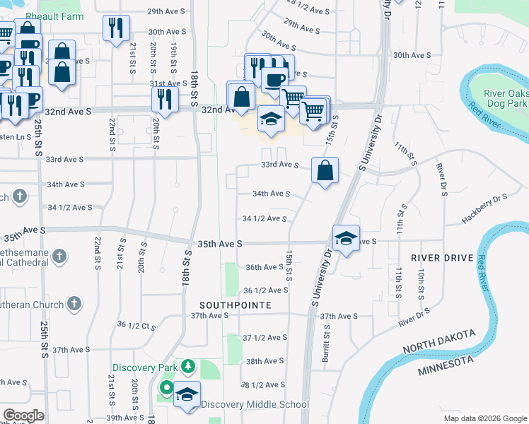map of restaurants, bars, coffee shops, grocery stores, and more near 1527 34 1/2 Avenue South in Fargo