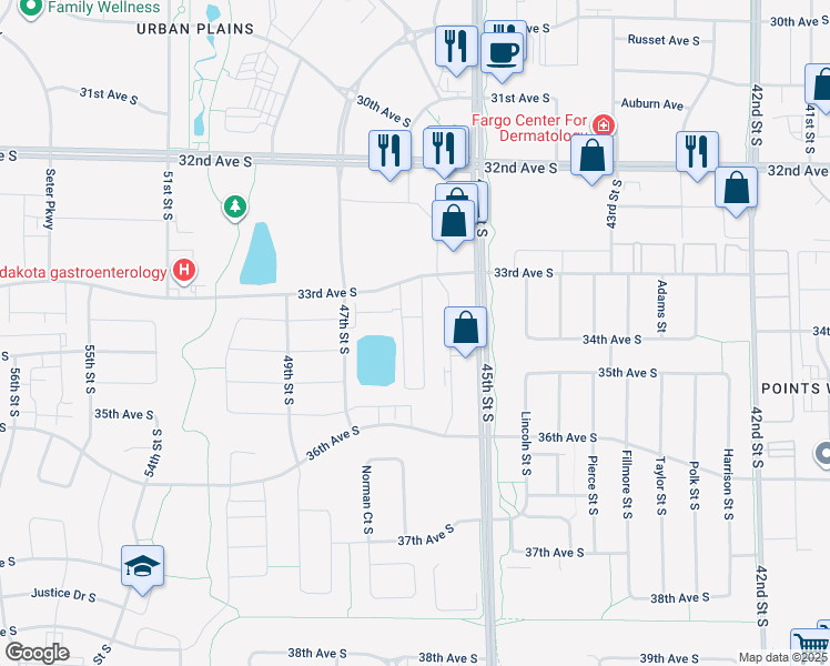 map of restaurants, bars, coffee shops, grocery stores, and more near 3409 45th Street South in Fargo