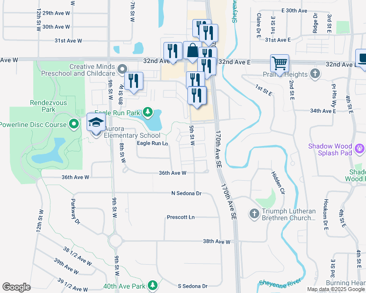 map of restaurants, bars, coffee shops, grocery stores, and more near 3505 Eagle Run Lane in West Fargo
