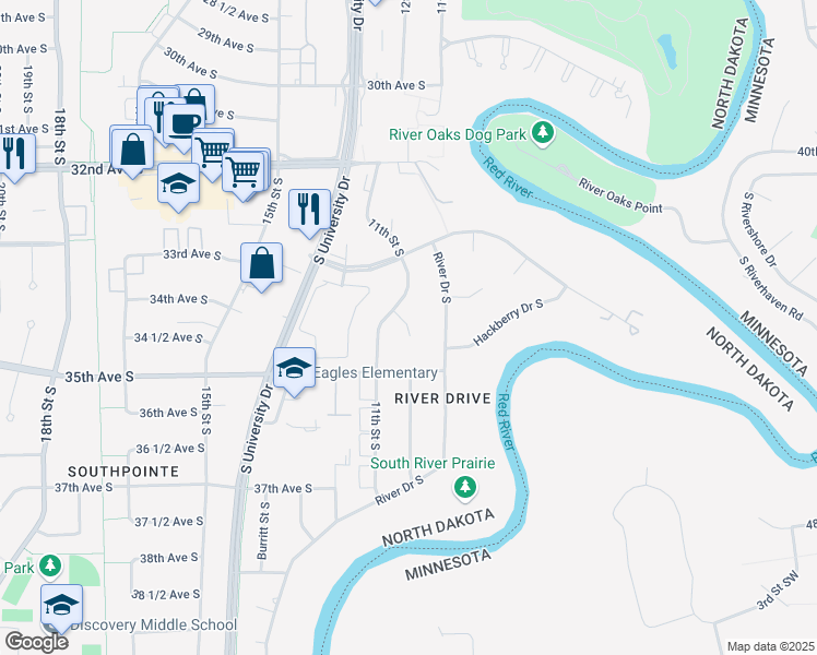 map of restaurants, bars, coffee shops, grocery stores, and more near 3499 Birchwood Court in Fargo