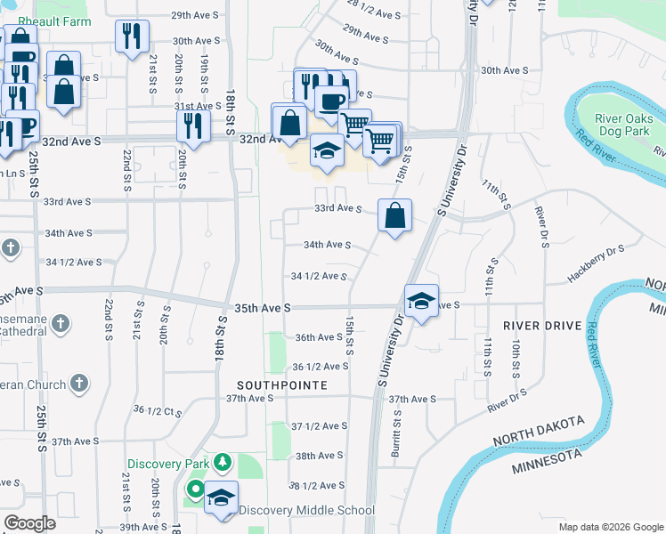 map of restaurants, bars, coffee shops, grocery stores, and more near 1527 34 1/2 Avenue South in Fargo